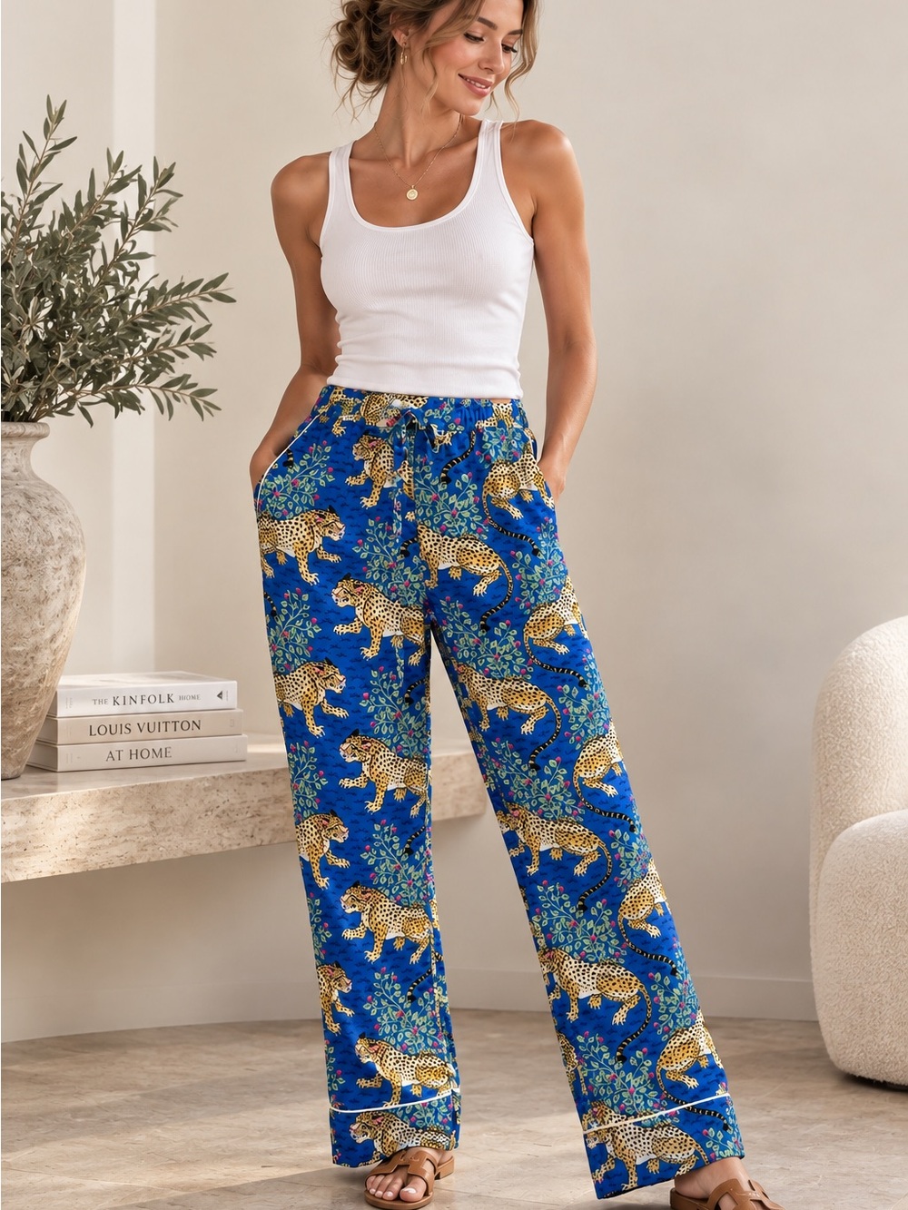 Print Fresh Leopard Cheetah Print Pants Blue Leg Palazzo Boho Size XS